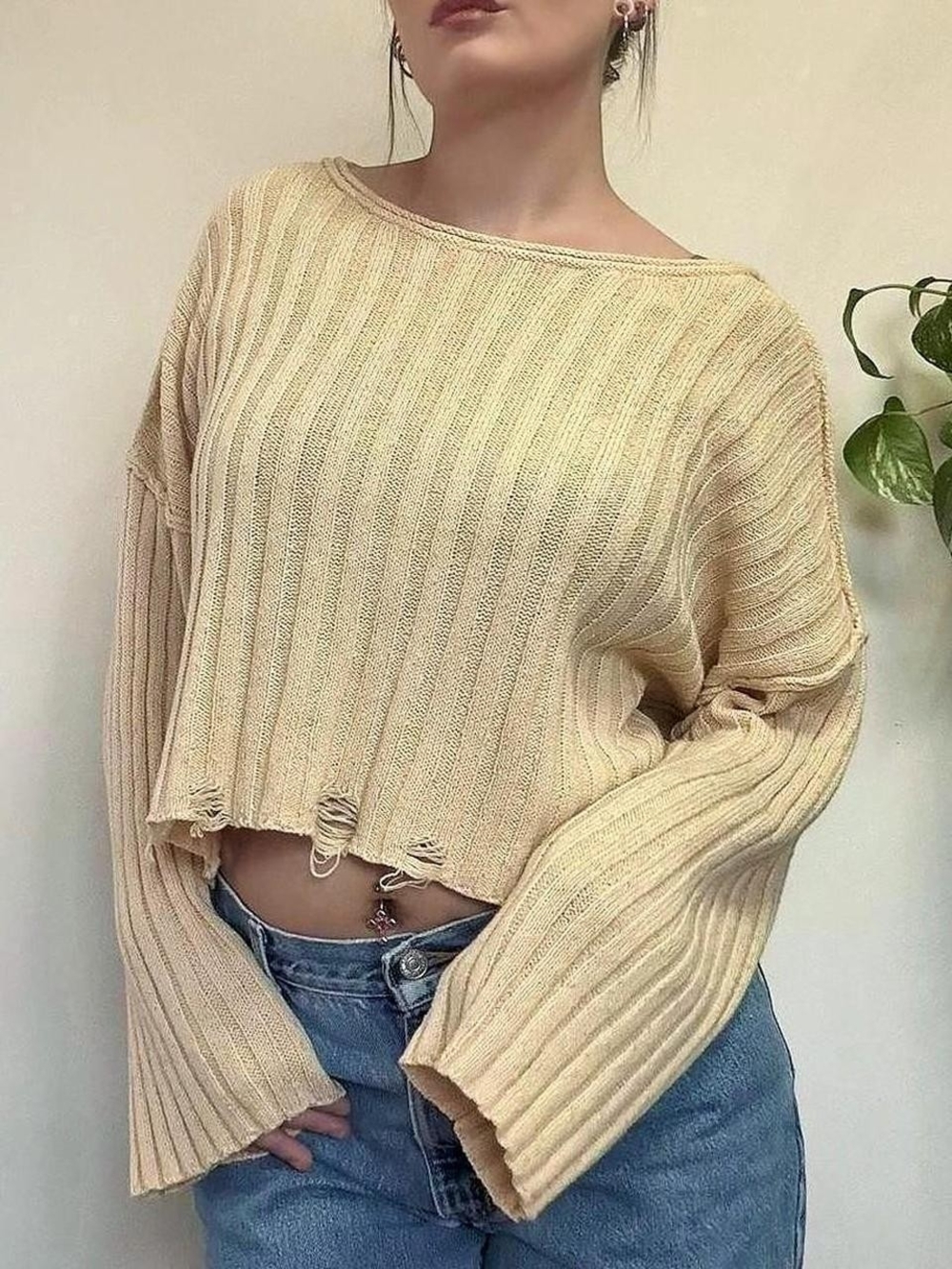 Women's Cropped Ribbed Sweater - Cream/beige Size L Flare Sleeve